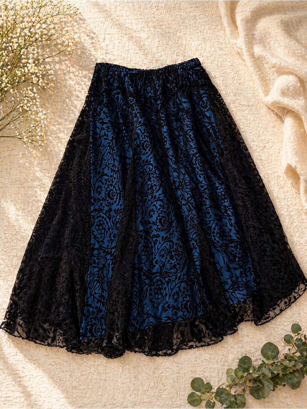 Small Blue and Black Lace Panel Midi Skirt